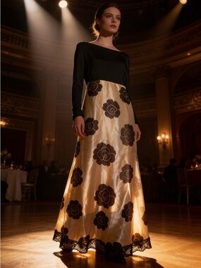 Elegant Black & Gold Floral Evening Gown